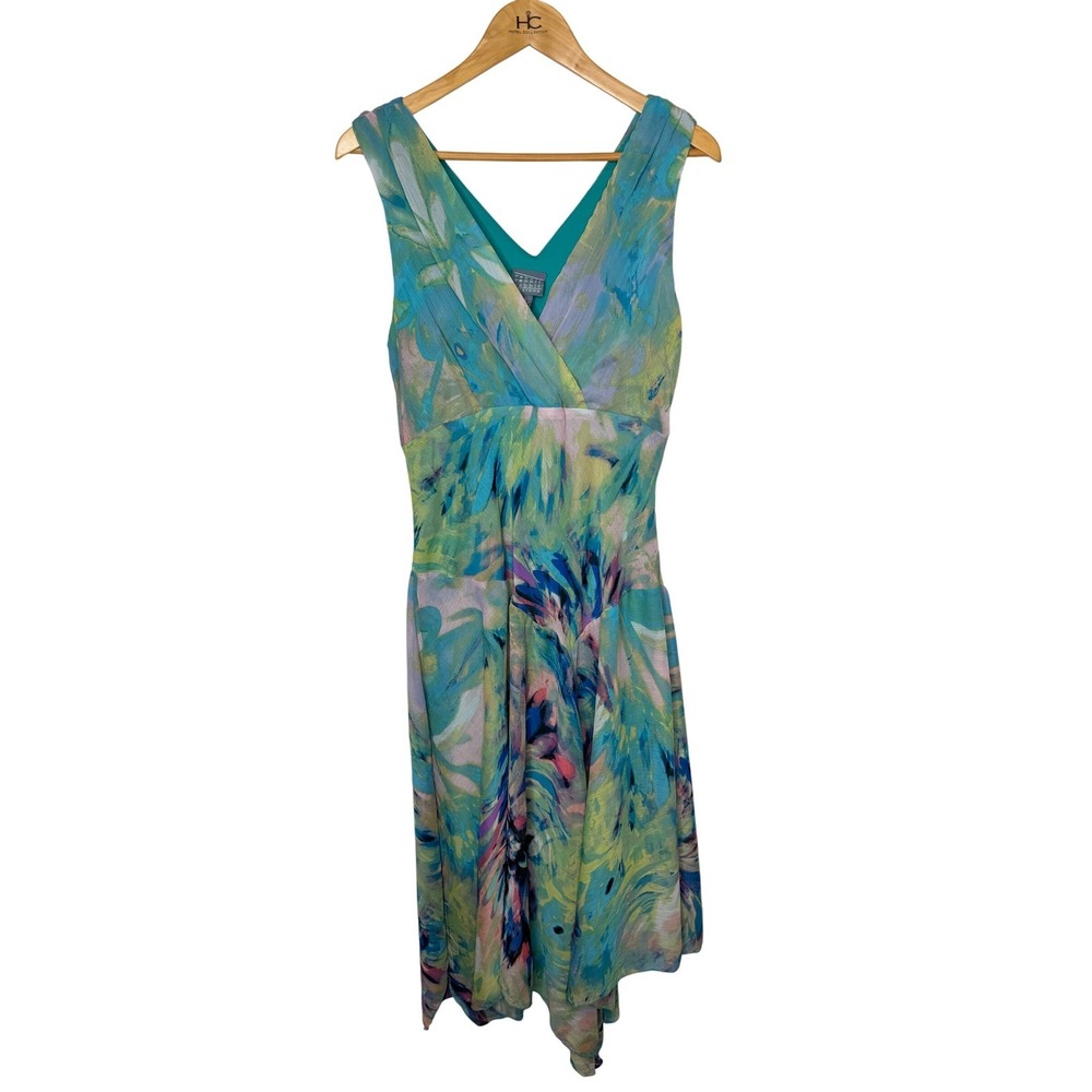 Y2K Ethereal Fairy Watercolor Handkerchief Hem Dress Blue Green Sz 16